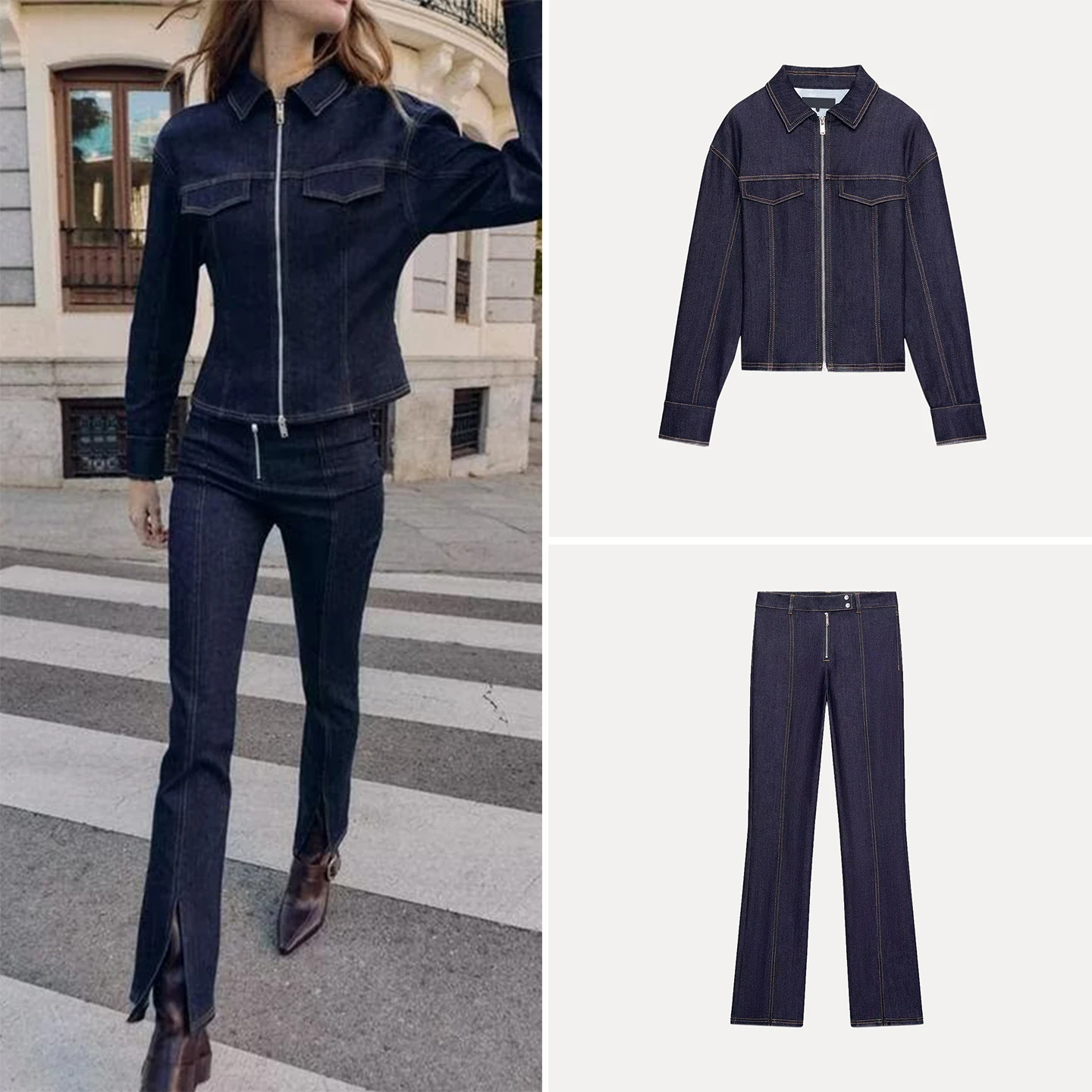 Winter 2025 Women's Denim Jaet Coat High Waist Long Pants Faion Set Z Brand Sli Casual Outfit for Adults