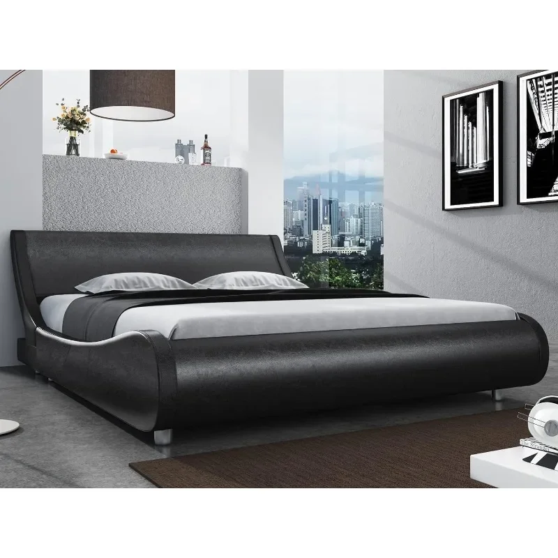 Modern Low Profile Platform Bed Frame, Stylish Faux Leather Upholstered Sleigh Bed with Adjustable Headboard