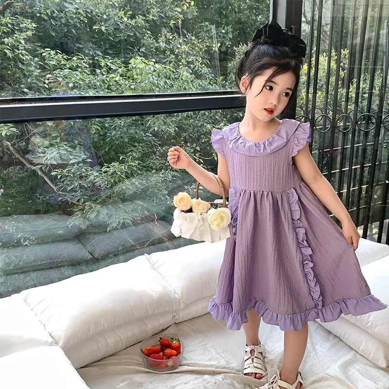 Girls Casual Dresses Solid Purple Sleeveless Dress with Lace Lapel Princess Dress for Girls 2 To 7 Years Kids Dresses for Girls