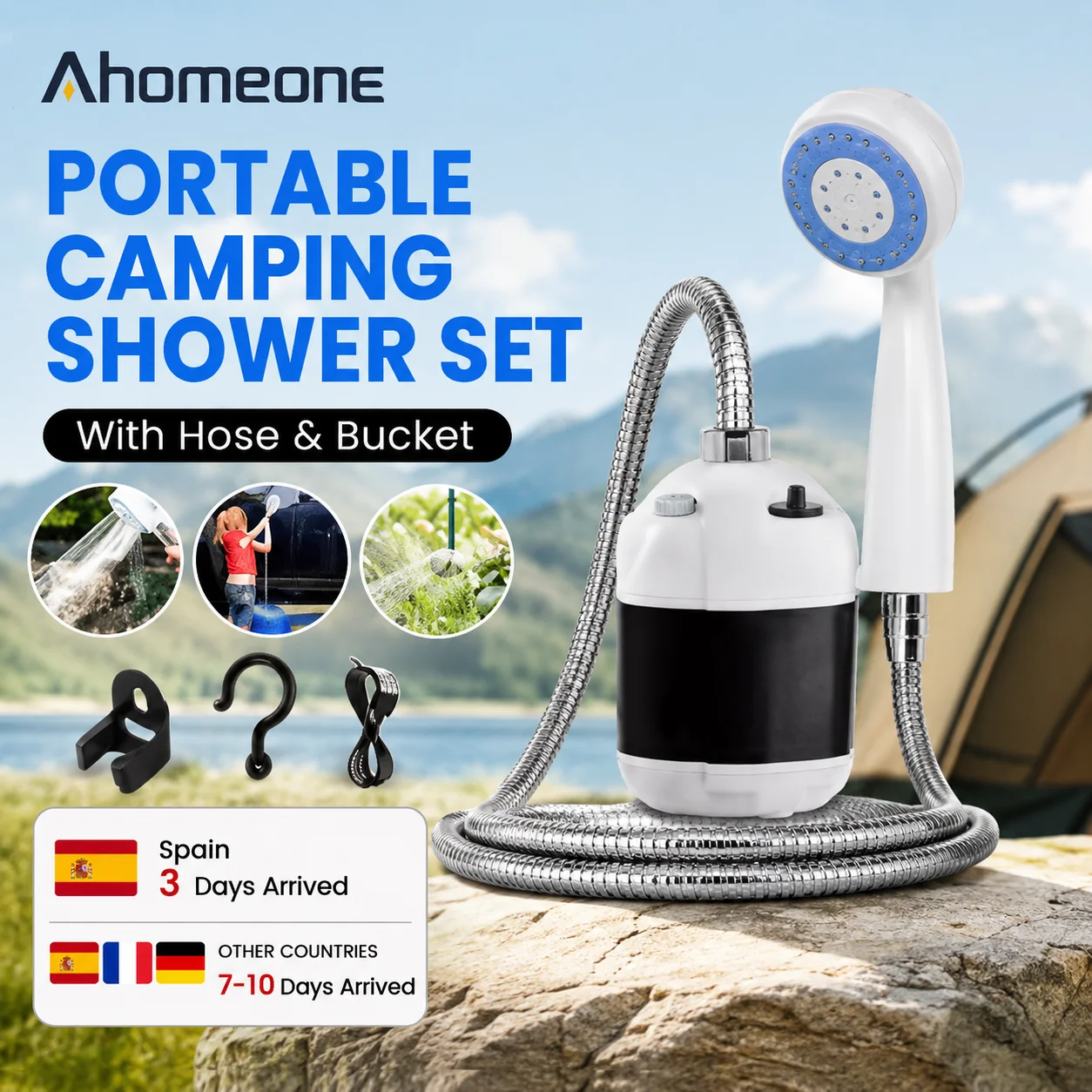 Douche portable d'extérieur, douche de camping, pompe de douche électrique rechargeable par USB, étanche IPX7, 2200 mAh avec ventouse, jet réglable pour voyages en plein air, randonnée, plage, lavage de voiture, nettoyage des animaux, arrosage de jardin