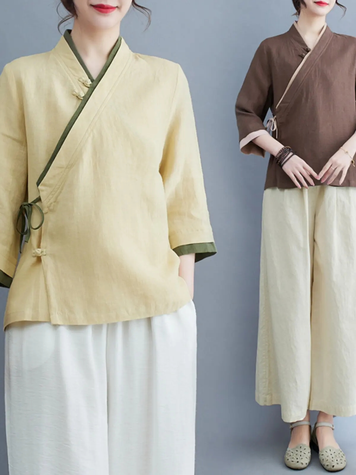 

Loose Long Sleeve Zen Study Outerwear Spring Fashion Women's Shirt Artistic Commute Style V-Neck Regular Thickness Pure Color