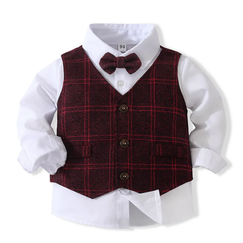 Spring Fall Toddler Boy Clothes Set Korean Fashion Plaid Gentleman Baby Tops+Vest+Pants+Tie Children Boutique Clothing BC1049-1