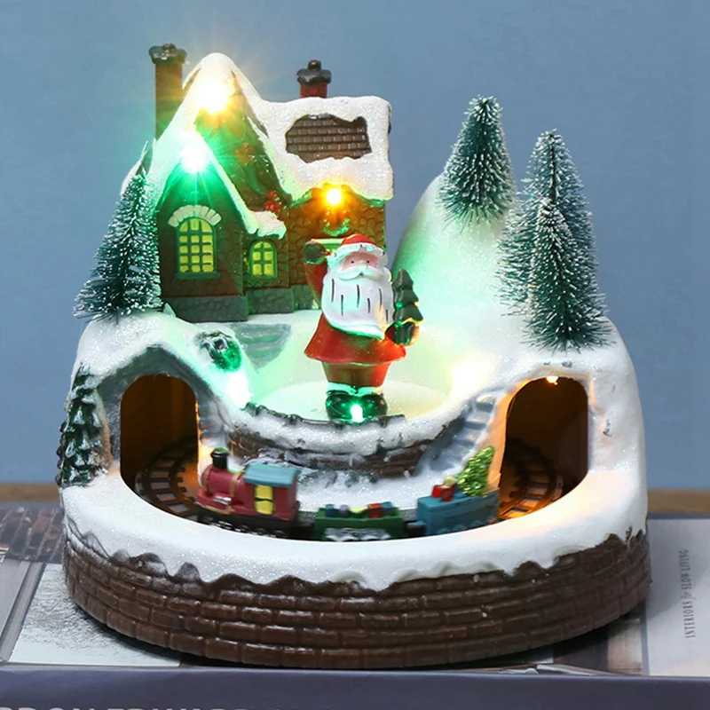 Santa Claus Glowing Music Ornaments Christmas Tree Revolving Train House Christmas Decorations Resin Crafts