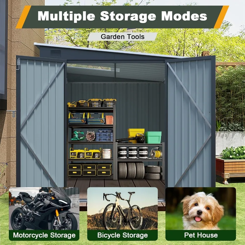 

6x8 foot sloping shed with lockable double doors, metal outdoor storage shed, outdoor storage shed