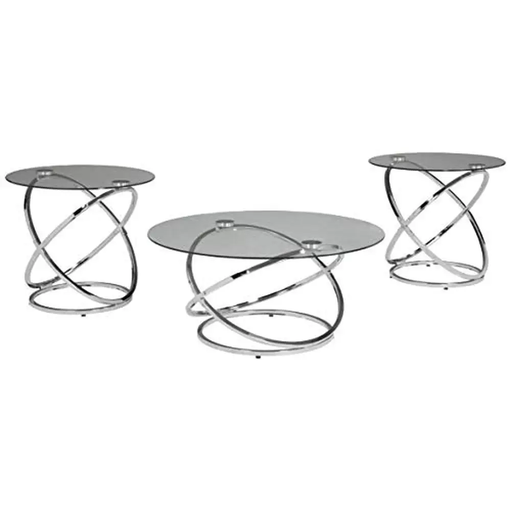 Contemporary Round 3-Piece Chrome Metal Glass Table Set Includes Coffee & End Tables Kitanan 38