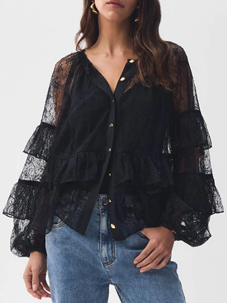 Round neck single row gold buckle lace hollow out ruffle edge shirt for 2026 summer women's fashion versatile see through top