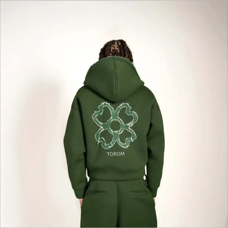 Men's Olive Green Embroidered Zip Hoodie And Pants Set Trendy Loose Casual 2-Piece Streetwear Tracksuit for 2026