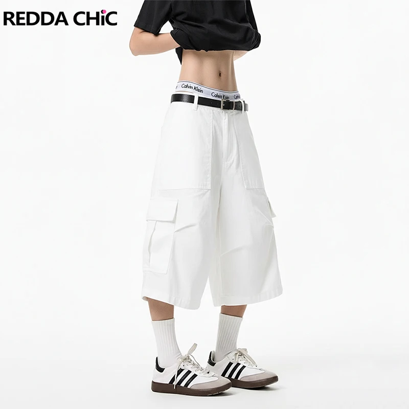 Pantalones Bermuda Vaqueros de Pierna Ancha para Hombre REDDACHiC, Pantalones de Mezclilla Blancos Holgados de Cintura Baja Ajustable, Estilo Retro para Verano