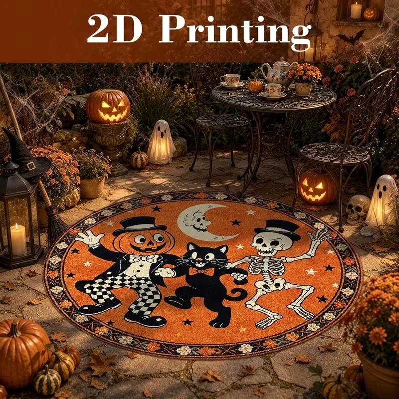 Retro Dancing Pumpkin Skeleton Black Cat Round Floor Rug, Vintage Halloween Cartoon Character Print Circular Carpet For Patio