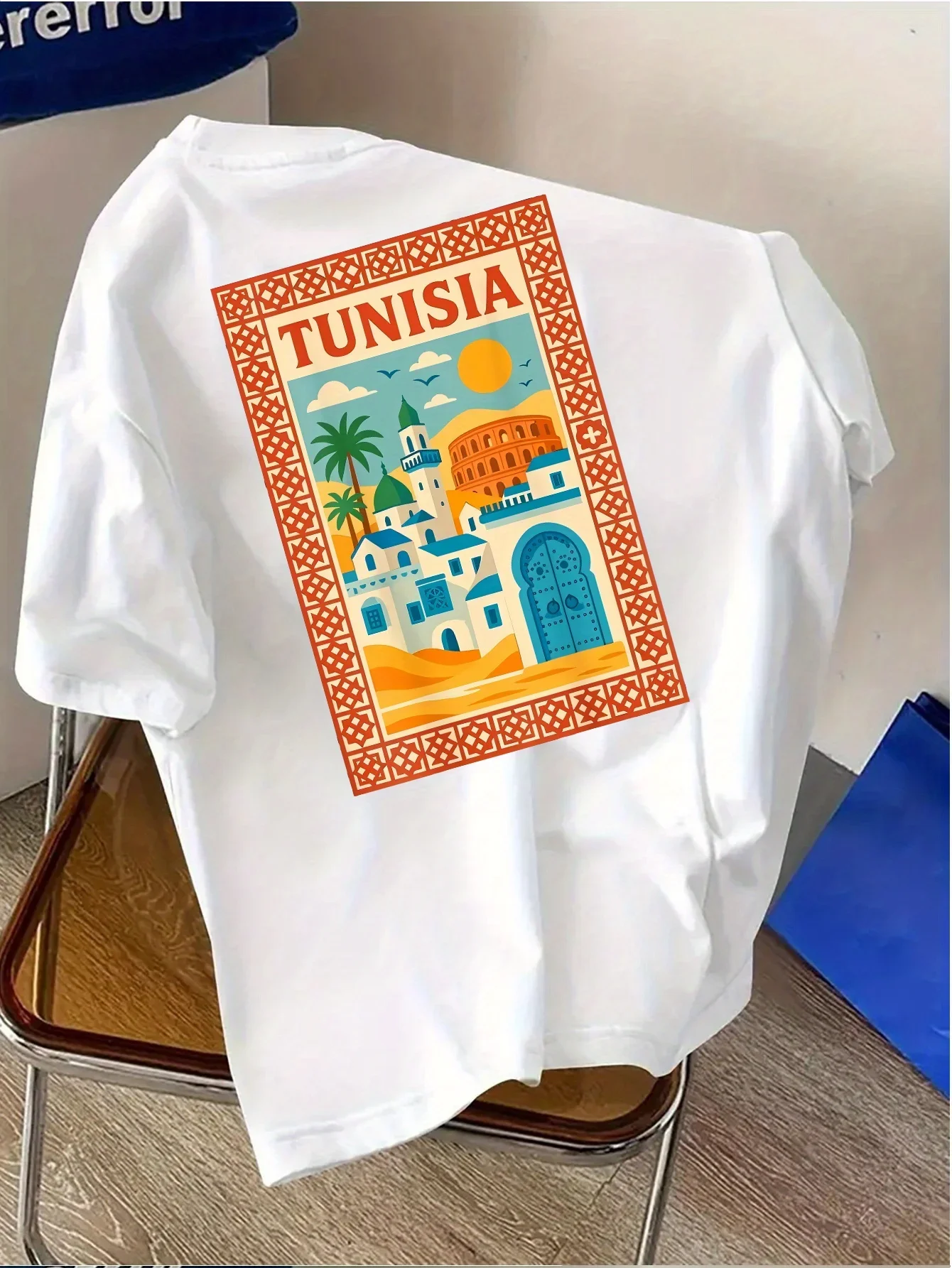 Retro Travel Poster Style Tunisian North African Cityscape Print Men's 100% Cotton T-shirt Casual Street Style Top