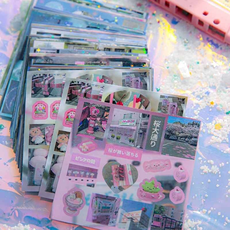 Retro Japanese Dreamcore Sticker Book  Glitter Film Ins Casual Landscape Stickers for Scrapbooking Card Cover Case Kids Gift