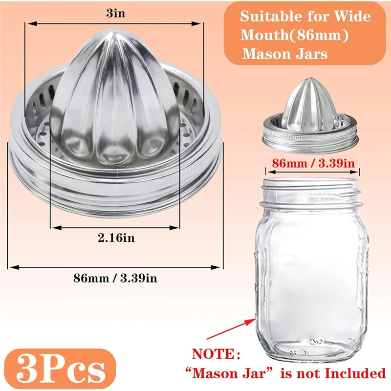 ABAE-tapa para exprimidor de tarro Mason con manivela, exprimidor Manual de jugo de cítricos de acero inoxidable 304, 3 uds. Para tarro de boca ancha de 86Mm