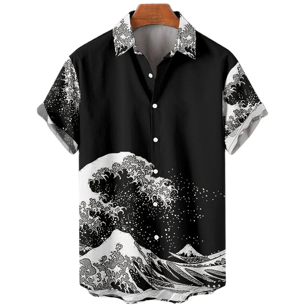 New Vintage Japanese Sea Wave Men\'s Shirts Lapel Streetwear Shirt For Men Street Short Sleeve Top Summer Men Hawaiian Shirt