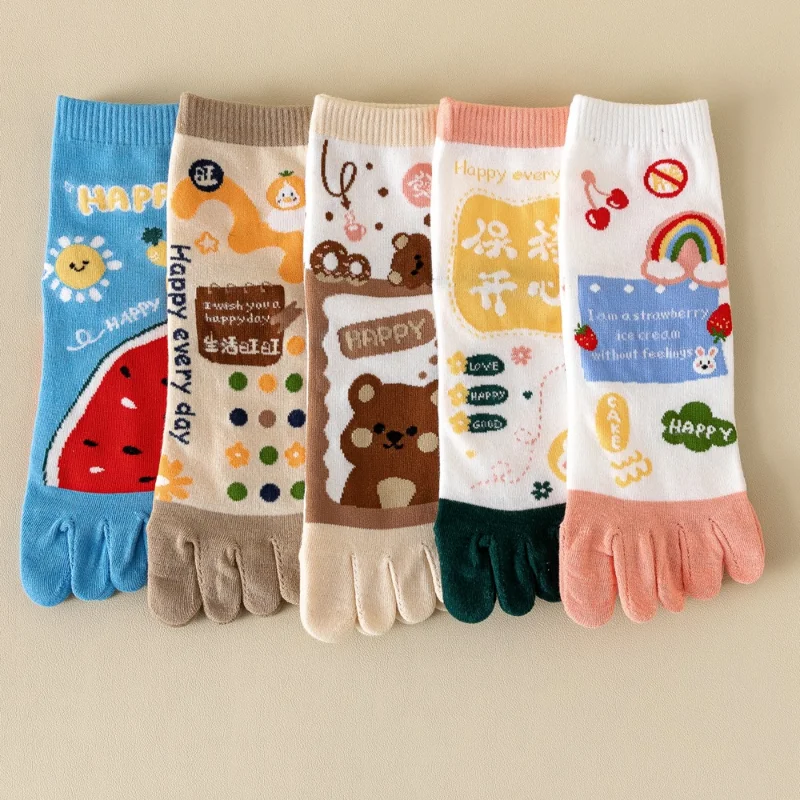 Kawaii Cute Women 5 Toe Socks Soft Cotton Mid Calf Separate Toes For Yoga Sports Spring Summer Non Slip Breathable Anime Socks