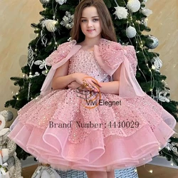 Scoop Flower Girls Dresses for Kids 2024 Winter Tiered Sequined Christmas Gowns with Sequined New Bow Knee Length فلور فتاة اللب