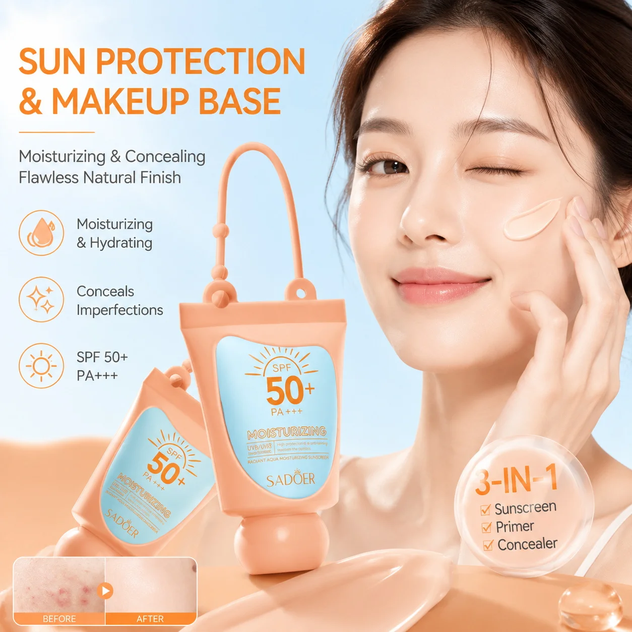 Protetor Solar Facial SADOER Multi Efeito PA+++ em Tubo Duplo com FPS 50+ - Bloqueador Solar