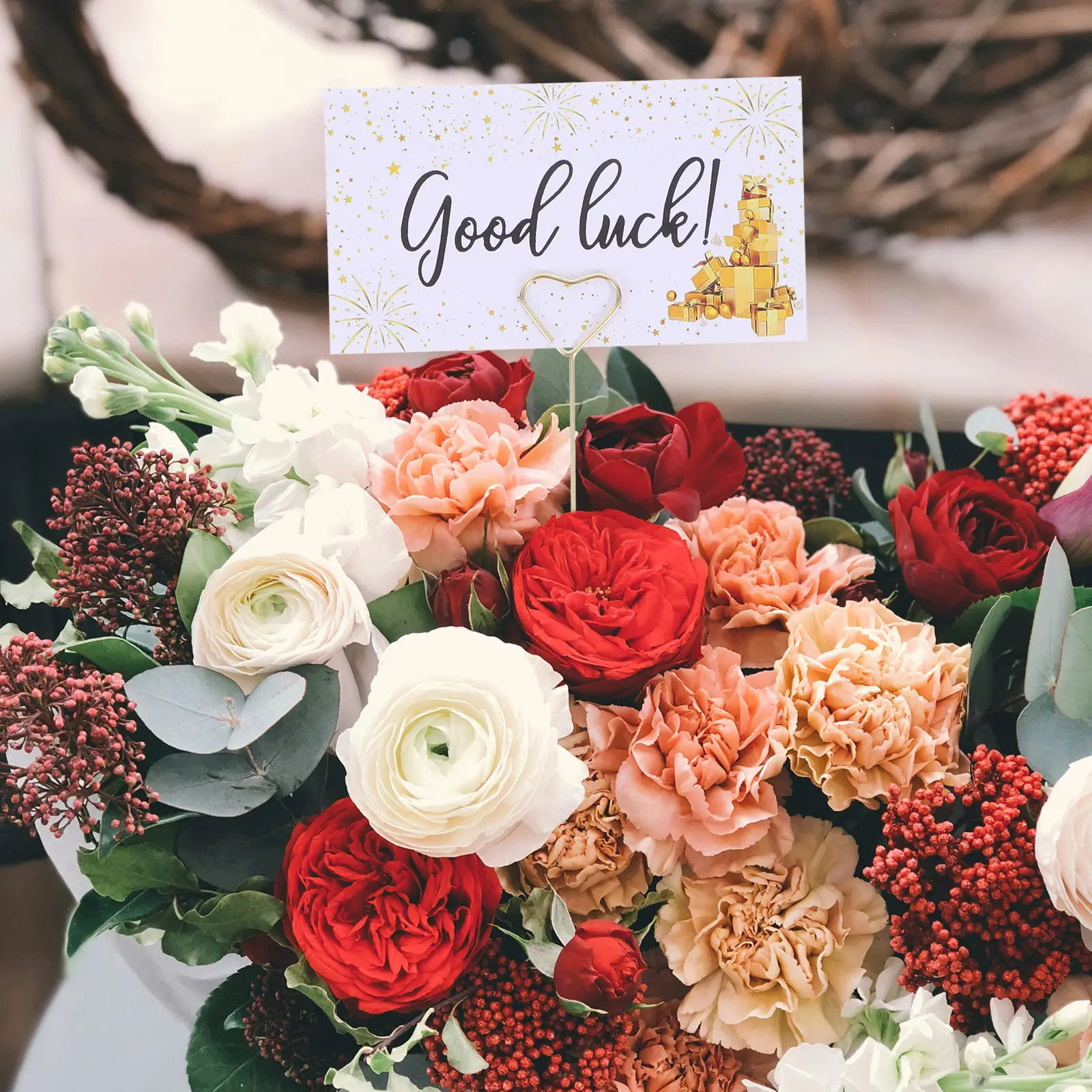 40Pcs Floral Card Holder Metal Wire Pick Flower Bouquet Heart Round Shape Photo Memo Holder Clip Wedding Party