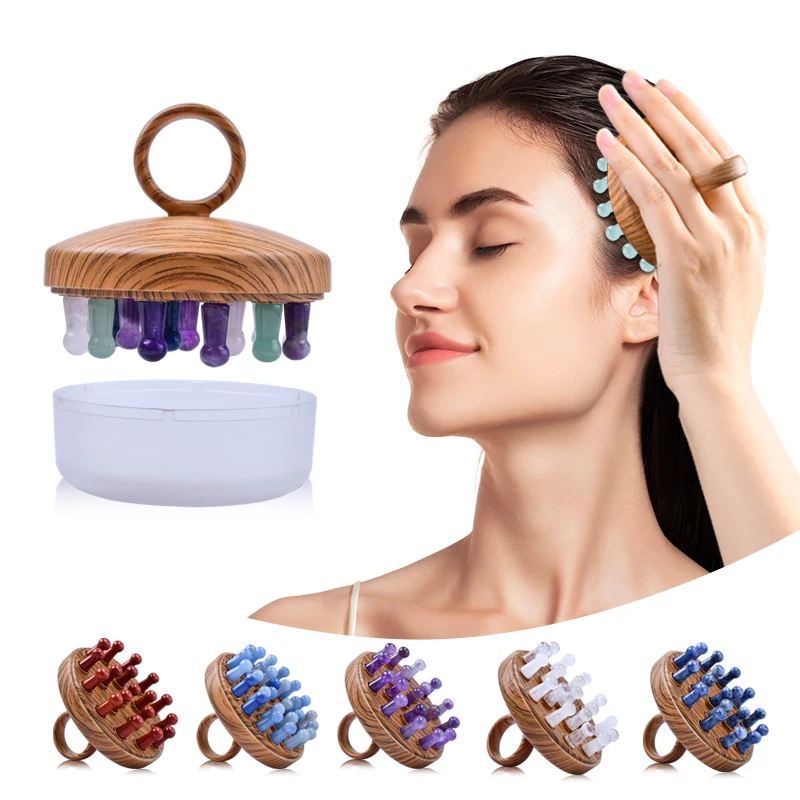 

Exclusive Design Head Scalp Massage Jade Comb Relieve Fatigue Jade Stone Tack Round Shape Gua Sha Comb With Bottom Cover