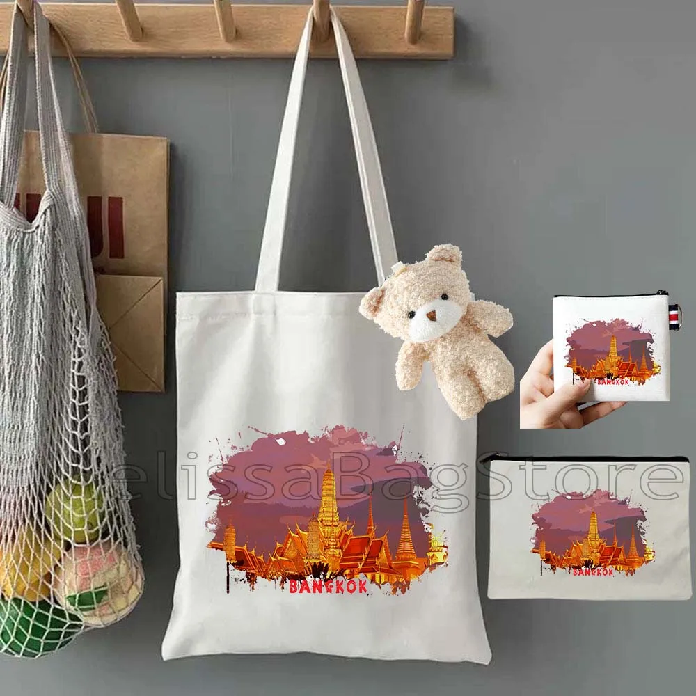 

4PCS Gifts Set Bangkok Thailand White Canvas Tote Bag Handbag with Doll Key Coin Purse Cosmetic Makeup Toilet Bag Case Pouch