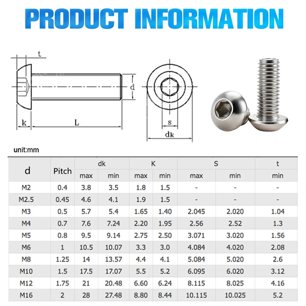 5-55 pz 304 A2 Rotondo In Acciaio Inox ISO7380 Bullone A Brugola DIN912 Esagonale Esagono Incassato Vite A Testa M2 M2.5 M3 M4 M5 M6 M8 L = 4-55mm