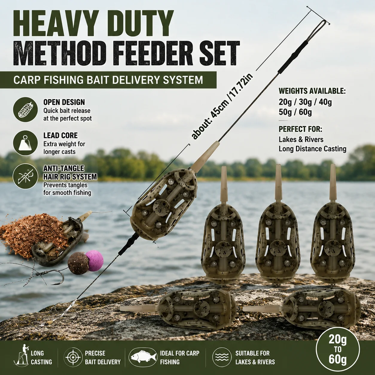 Heavy-Duty Carp Feeder Kit – Open Bait Cage with Built-in Lead Core + Anti-Tangle Hair Device, 20g-60g Method Feeder, Ideal for