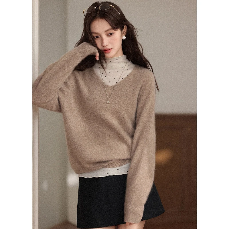 

ALXNAN Cashmere Brushed Sweaters New V-neck Drop Shoulder Versatile Woman's Sweaters Autumn Winter Comfortable Pullovers L58332