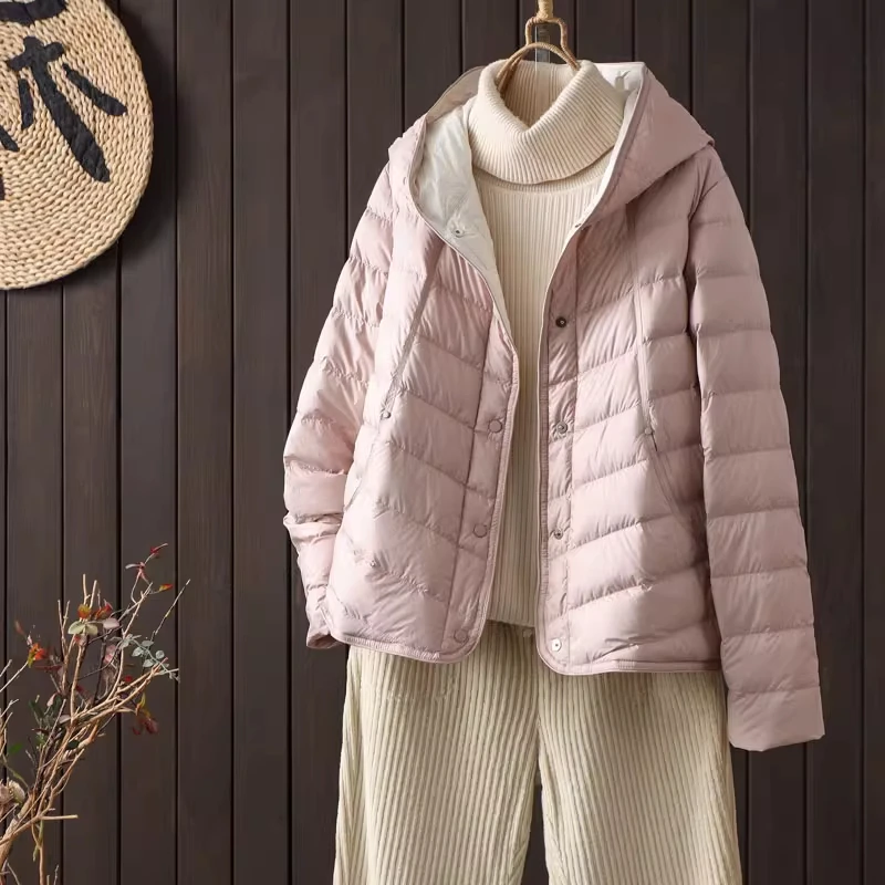 

Light down Jacket Women's Short Hooded White Duck Feather Warm Thin Outerwear Commute Style Korean Version Straight Tube