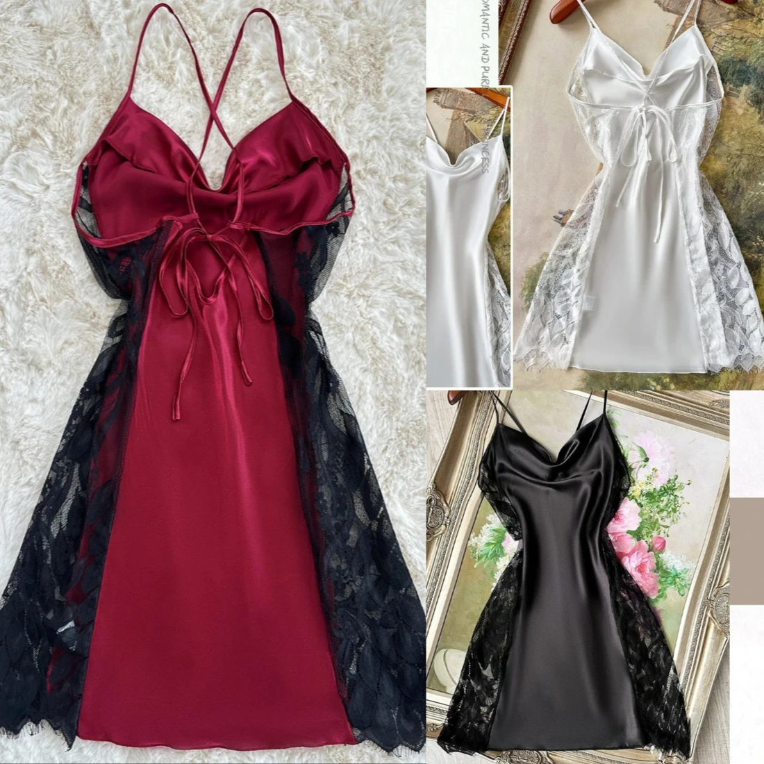 

Летняя кружевная ночная сорочка для женщин, шелковистая атласная пижама, сексуальное платье-комбинация на бретельках, интимное белье, домашнее платье для отдыха