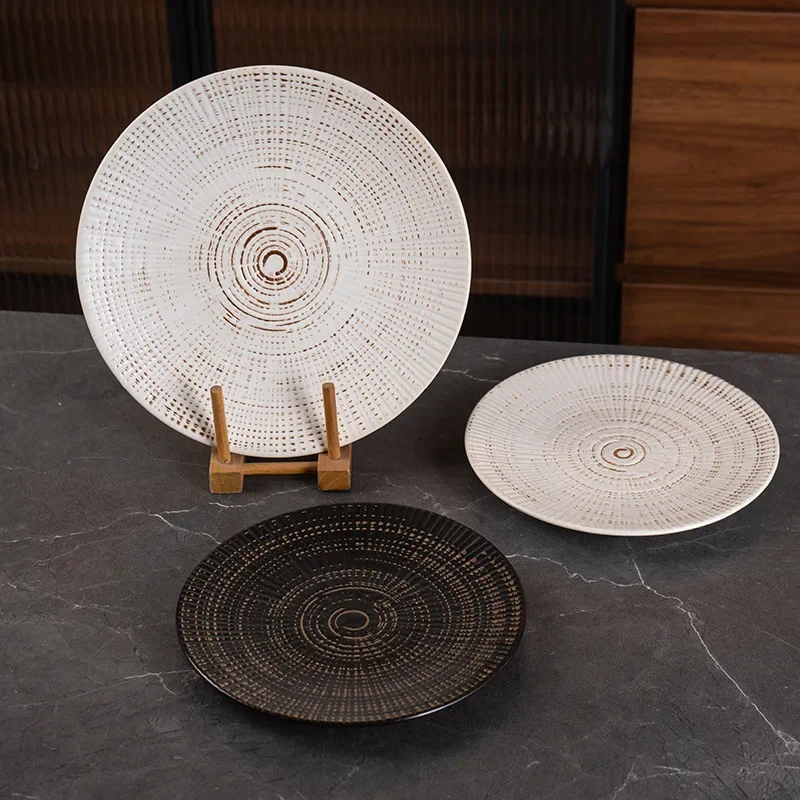 Japanese ceramic Western plate Threaded flat  Commercial household retro disc Western steak Internet celebrity breakfast salad