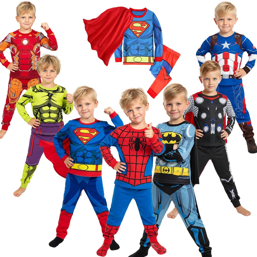 

Boys Spiderman Costume Pajama Set Avengers Iron Man Pajamas Long-Sleeve Casual Loungewear Christmas Halloween Costume Nightwears