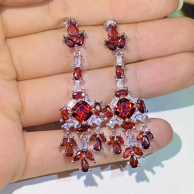 925 silver retro diamond-studded red crystal tassel earrings light luxury palace style high-end exaggerated earrings women