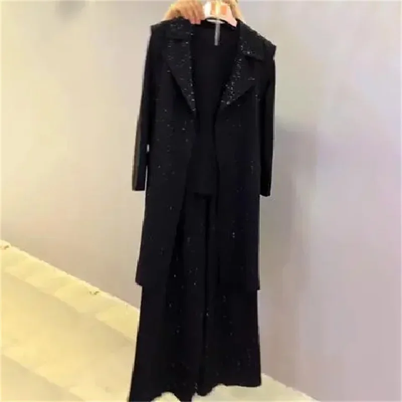 Fatty Women Autumn New Mid length Covering Vest Wide Leg Pants Fat Sister Heavy Industry Bright Diamond Three Piece Set Female