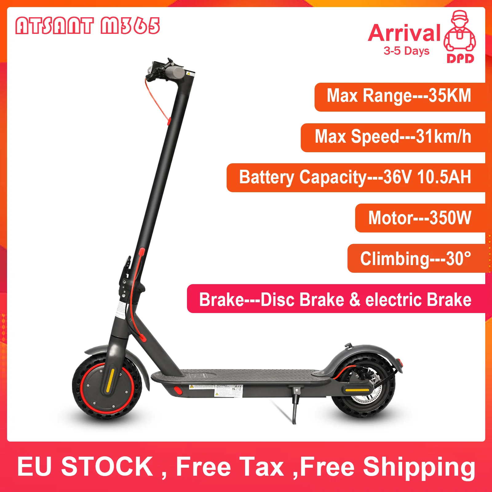 ATSANT M365 Electric Scooter 35KM Range 350W Motor 36V 10.5AH Large Capacity Battery 31KM/H Foldable with APP Kick Adult Scooter