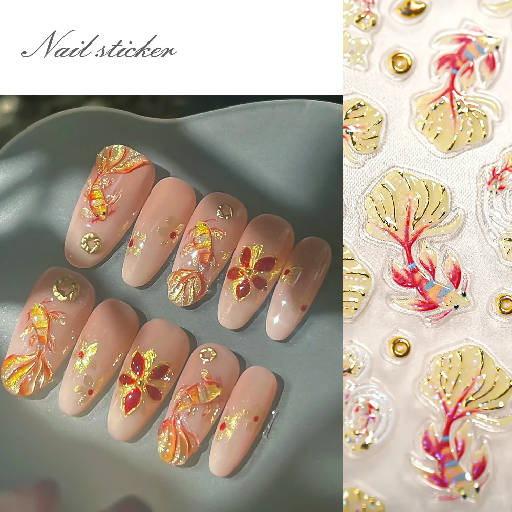 

1 шт. 5D бронзовые наклейки для ногтей Koi Yuanbao, блестящие наклейки для ногтей с изображением коропа и рыбы, новогодние самоклеящиеся слайдеры для маникюра