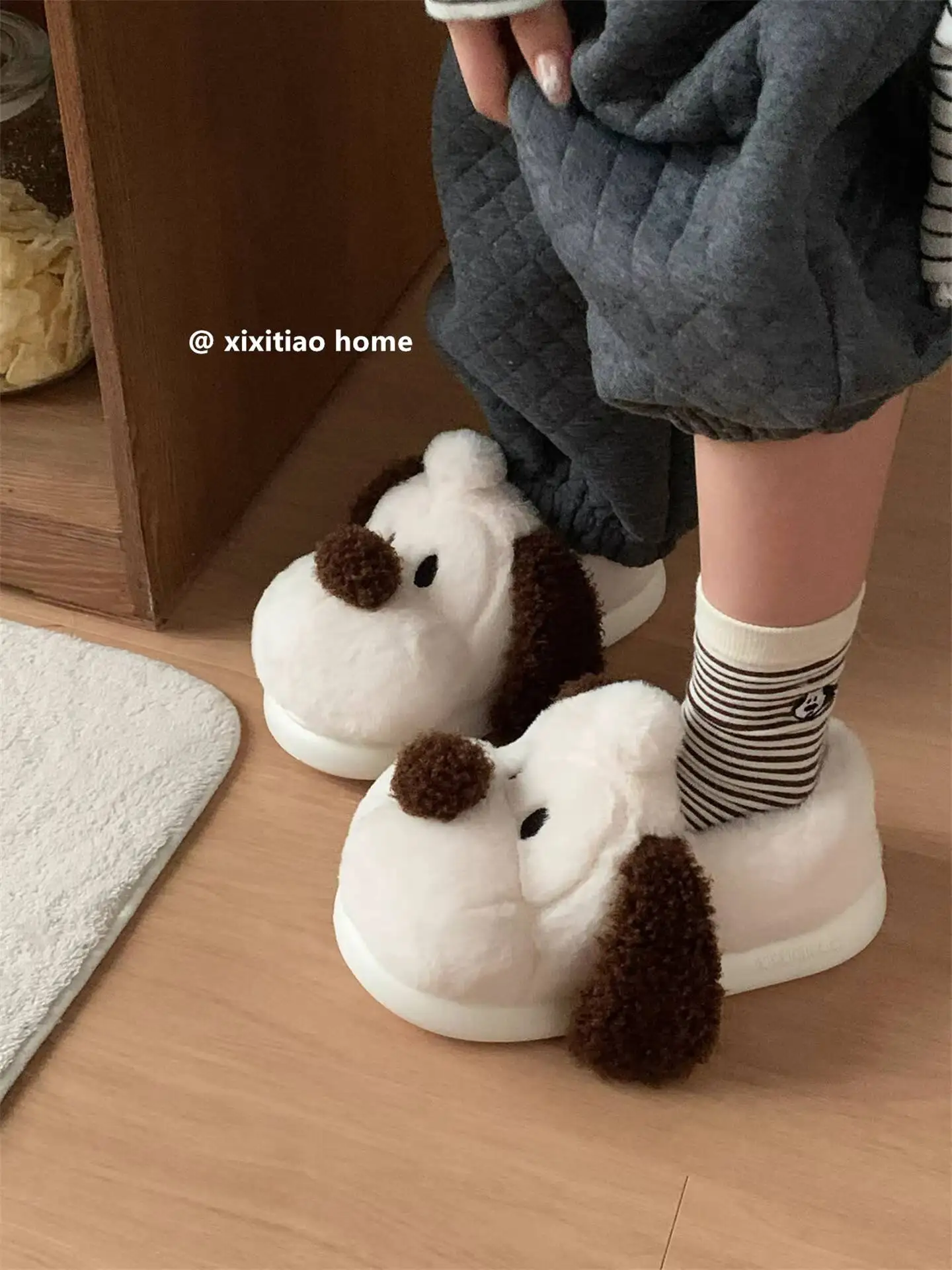 Unisex Slippers Winter Plush Slippers Fun Dog Pattern Warm Closed Heel Non Slip Couples Indoor Home Cotton Slippers