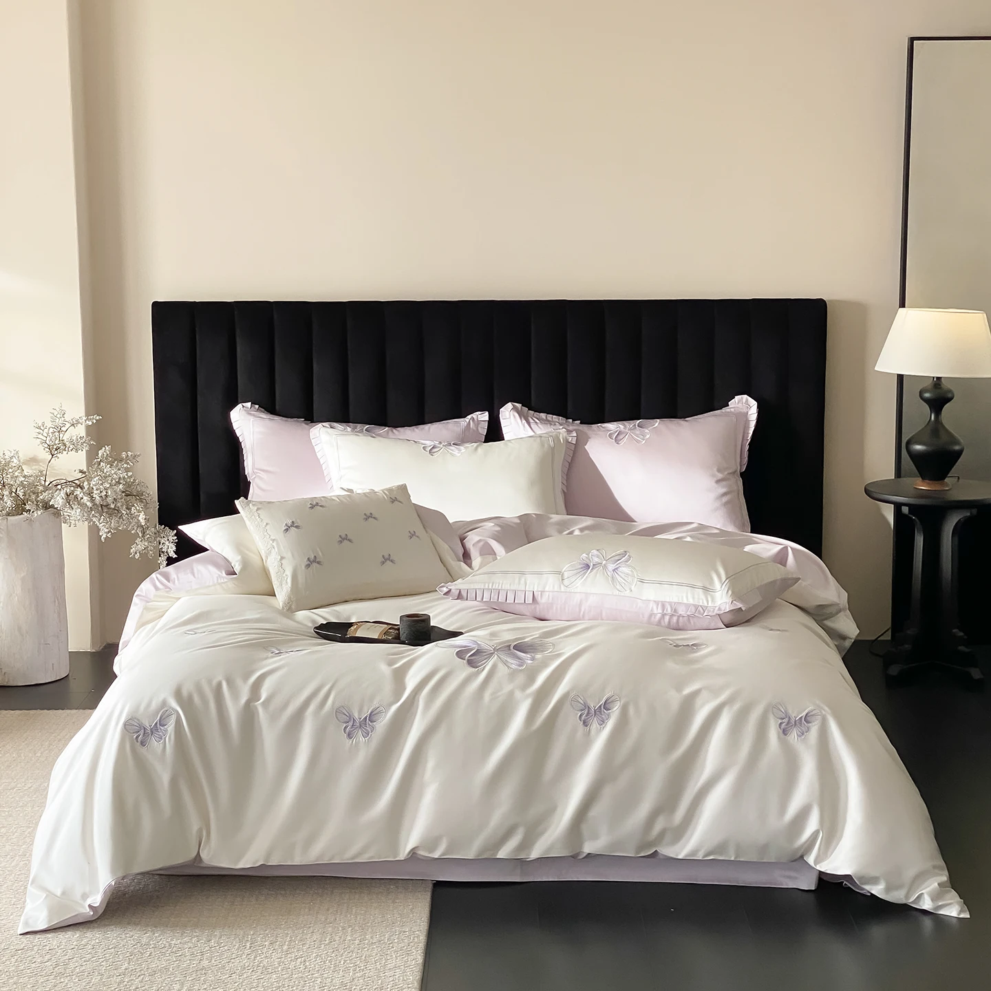 600TC Egyptian Cotton Butterfly Embroidery Queen King Size Bedding Set Duvet Cover Bed Sheet/Fitted Sheet Pillowcases 4Pcs