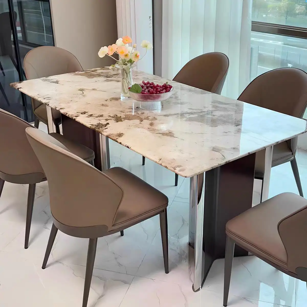 Marble dining table rectangular household dining table and chair combination small apartment stainless steel dining table