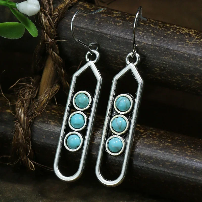 Antique Minimalist Blue Color Stone Hollow Earrings Tribal Jewelry Vintage Silver Color Metal Long Dangle 2023 Custom Jewelry