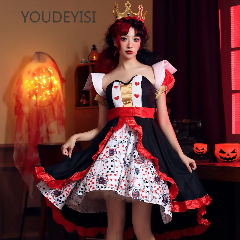 YOUDEYISI Halloween Costume Red Queen Poker Printed Dress, Alice in Wonderland Peach Heart Queen Character Performance Dress