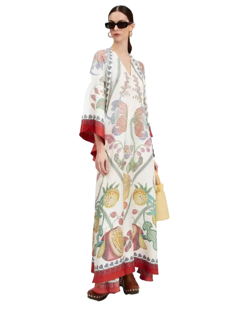 

Fashion Vintage Print Long Dresses Women Stand Collar Leace-up Irregular Sleeves Loose Maxi Dress Trendy Lady Commuting Vestidos