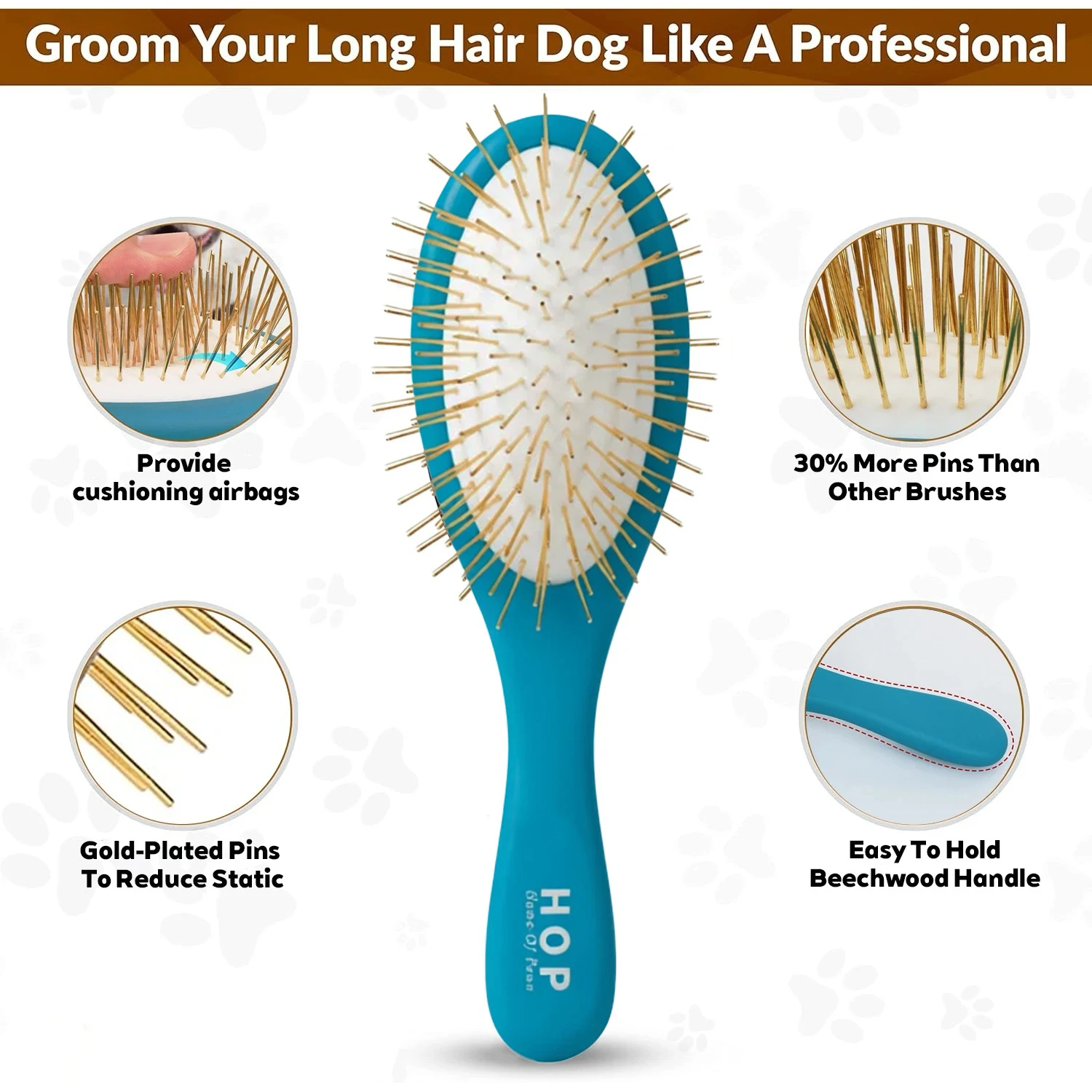 Pet Grooming Detangler Pin Dog Brush for Shedding & Removing Loose Fur, Lightweight with Gold Plated Pins for short Long Hair