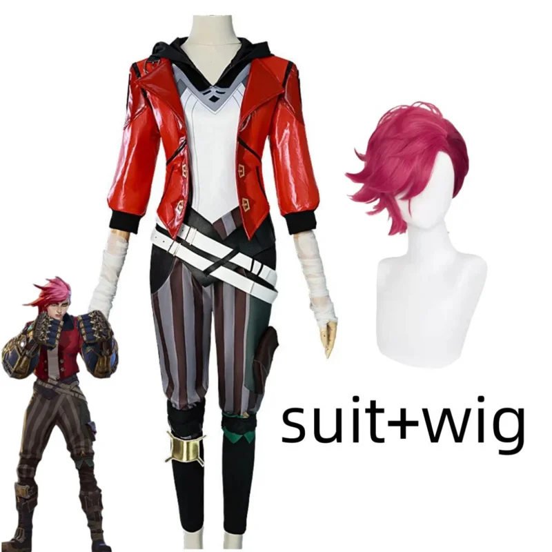 게임 LOL 아케인 비 코스프레 의상 필트오버 엔포서 레드 PU 코트 유니폼 가발 성인 남녀 카니발 슈트