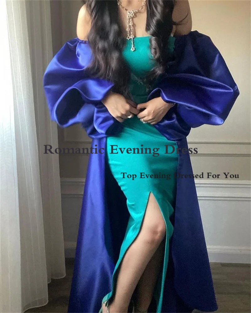 Vestido de noche verde romántico y satinado para mujer, chaqueta Cloark con mangas abullonadas, abertura en la pierna, Vestido largo de graduación para mujer, Vestido de Arabia Saudita