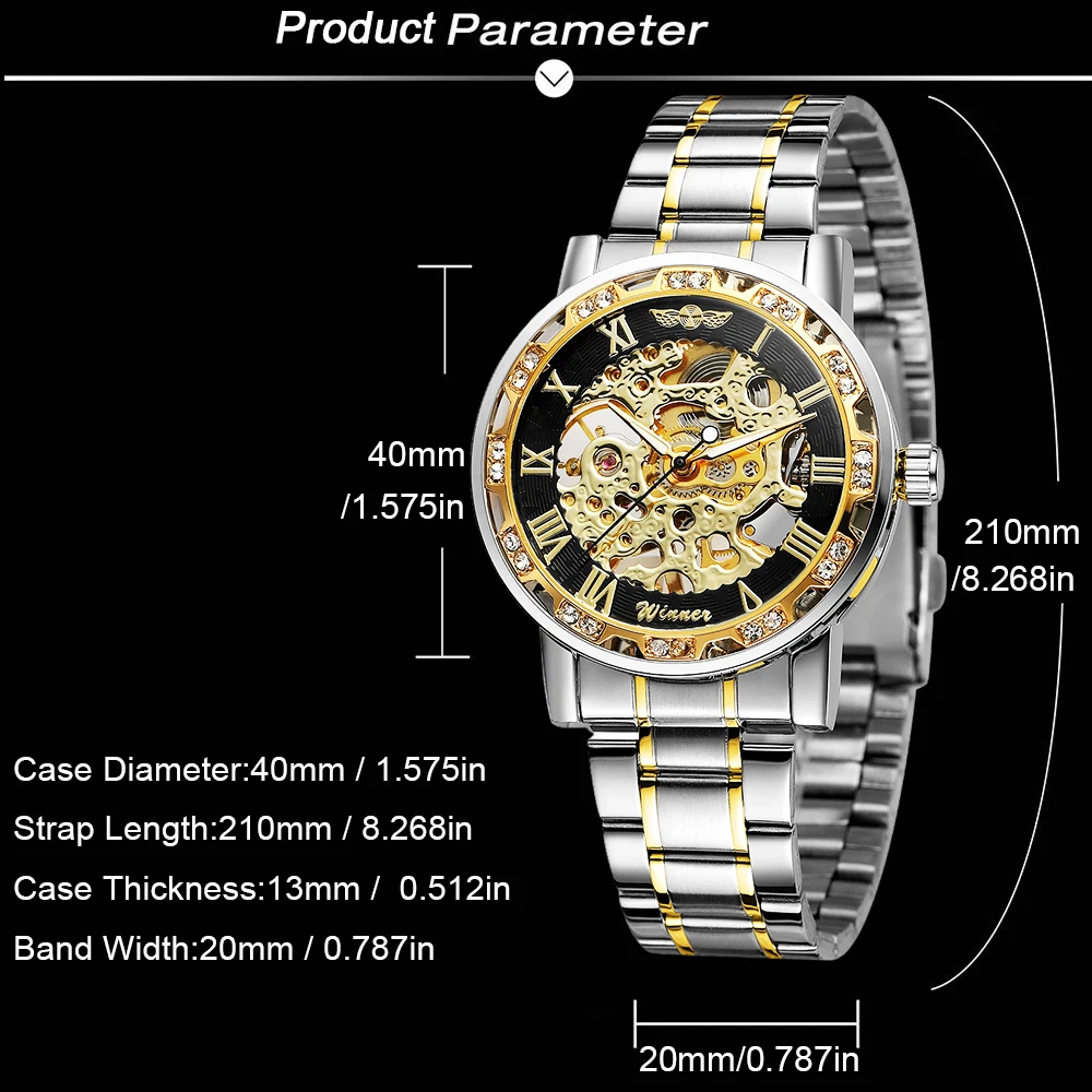 T-WINNER موضة ساعات رجالي عادية الهيكل العظمي الميكانيكية النقش الفاخرة حجر الراين مؤشرات مضيئة رجل الأعمال ساعات المعصم