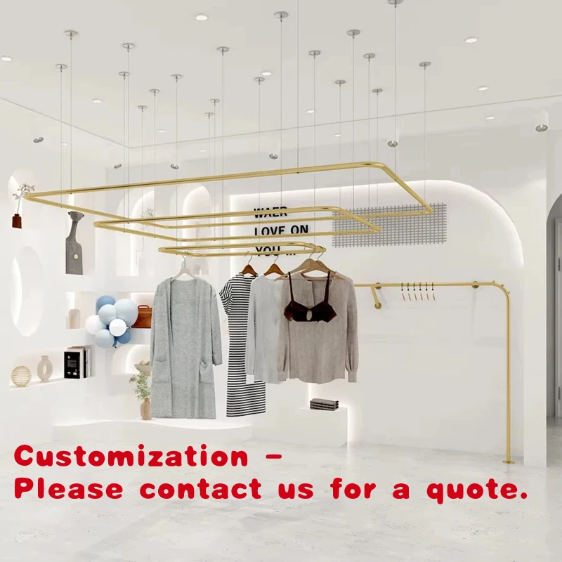 custom.Custom Size Stainless Steel Electroplated Polished Gold Garment Display Rack to Attach to Ceiling Clothing Store