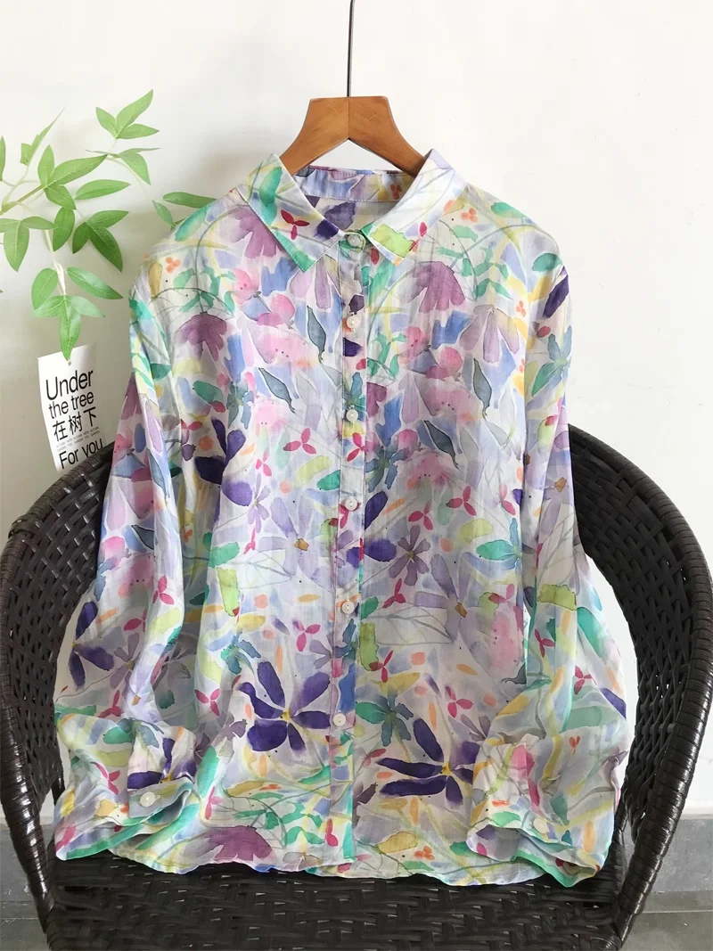 

Enianechu винтажная льняная рубашка с принтом из чистого рами и блузка для женщин, осенние дышащие рубашки с длинными рукавами и рисунком розы с цветочным принтом