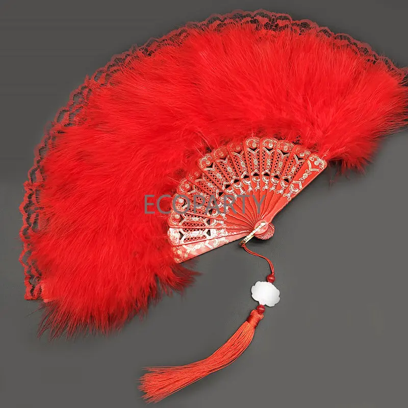 Lolita Feather Folding Fan Girl 1920s Flapper Dance Dark Gothic Court Dance Hand Fan with Pendant Gift Wedding Party Decoration