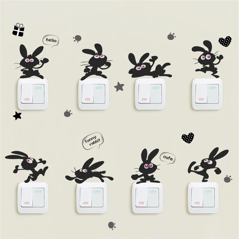 Funny Rabbit Switch Stickers For Kids Room Bedroom Home Decoration Cute Bunny Animal Mural Art Diy Pvc Wall Decal