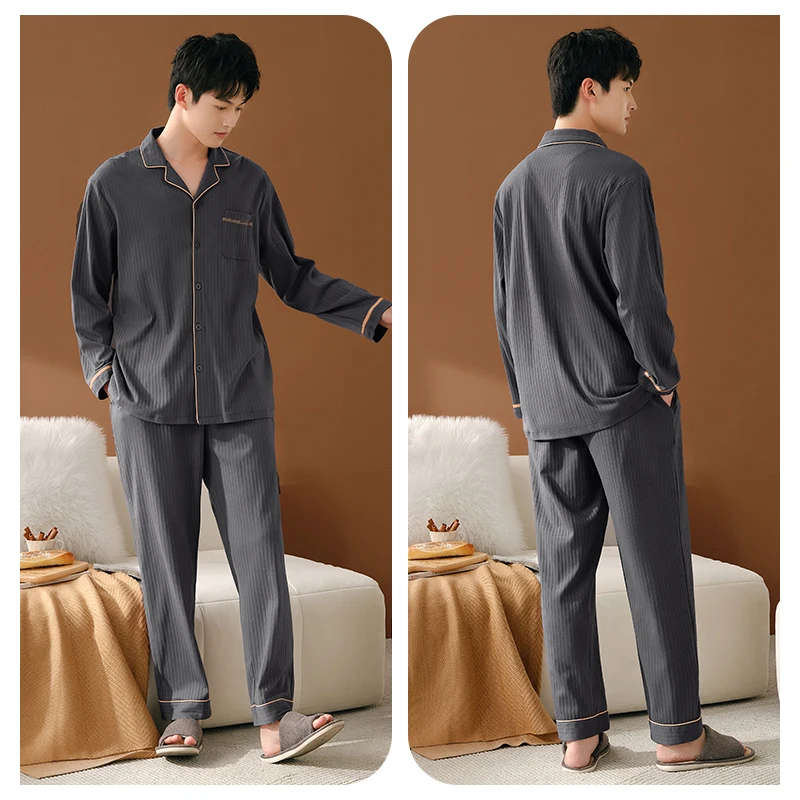 Men Cotton Nightwear Suit Autumn Solid Color Long Sleeve Tops + Long Pants Pajamas Casual Cardigan Homewear Pijamas Hombre