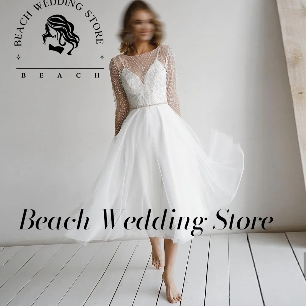 Beach Customized Short Wedding Dress  Long Sleeves Beading Sashes Backless Appliques Party Gown Robe De Mariee Mid Calf A Line